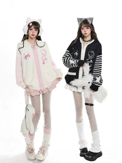 Two people wearing cute, character-themed outfits with accessories on a white background