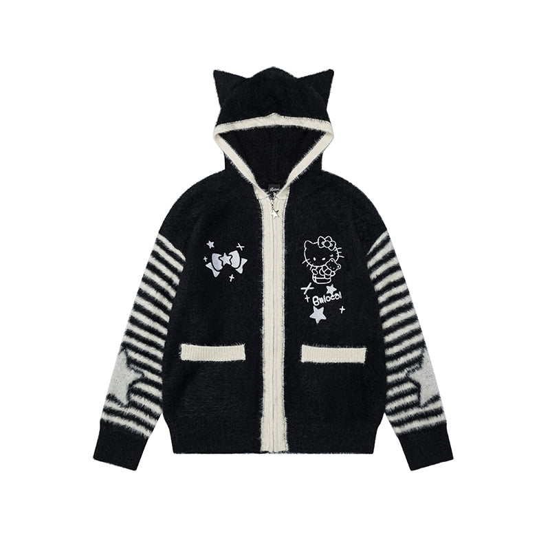 Black and white striped hoodie with cartoon character design on a white background