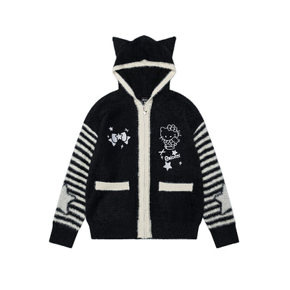 Black and white striped hoodie with cartoon character design on a white background