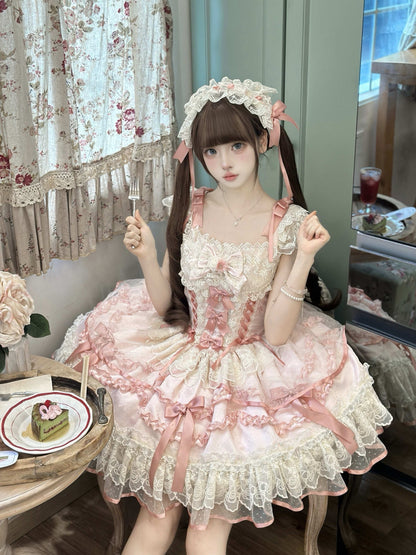 Person wearing a pink and white lace dress in a room with floral curtains.