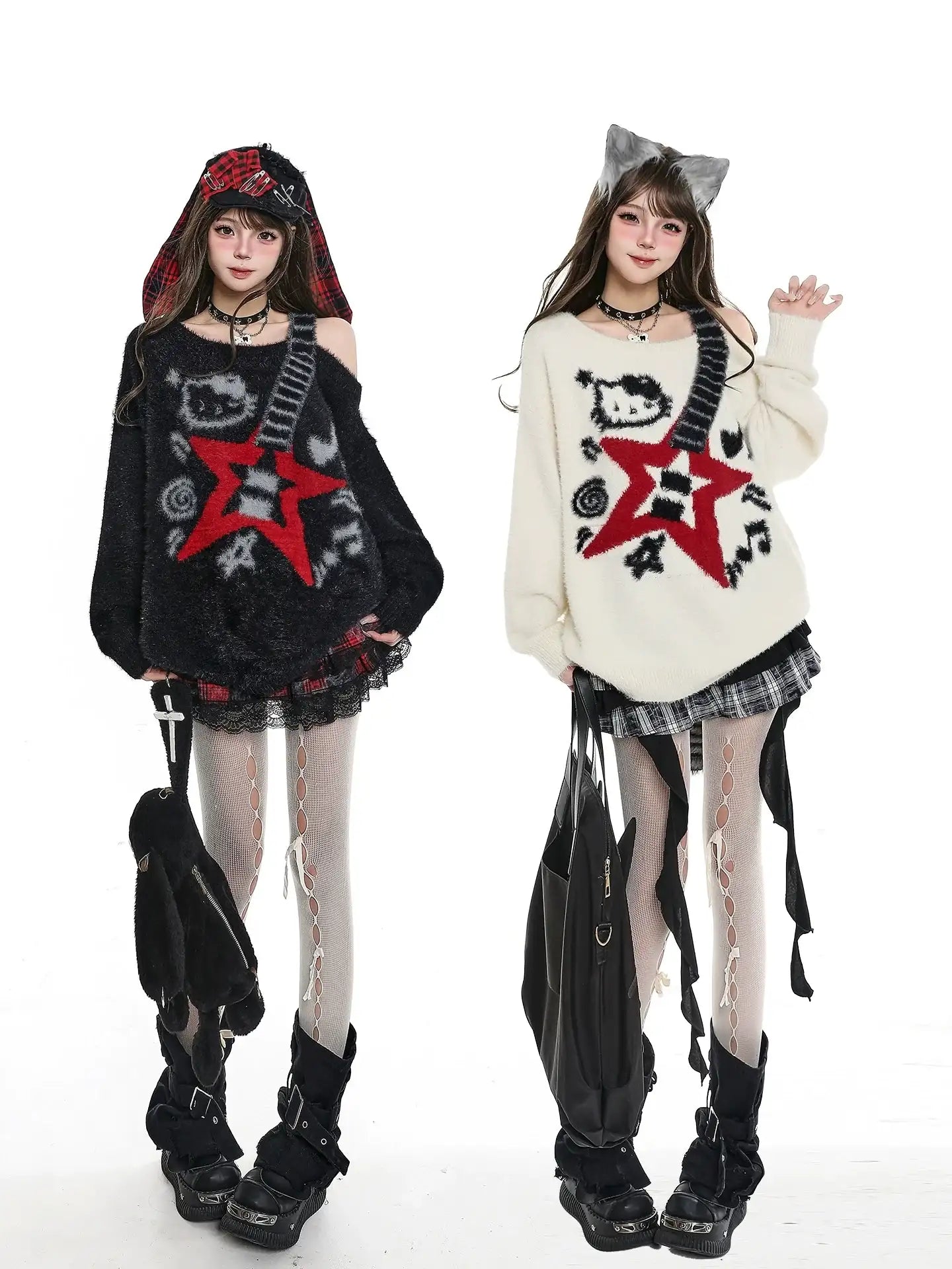 Two individuals wearing black and white sweaters with star designs on a white background