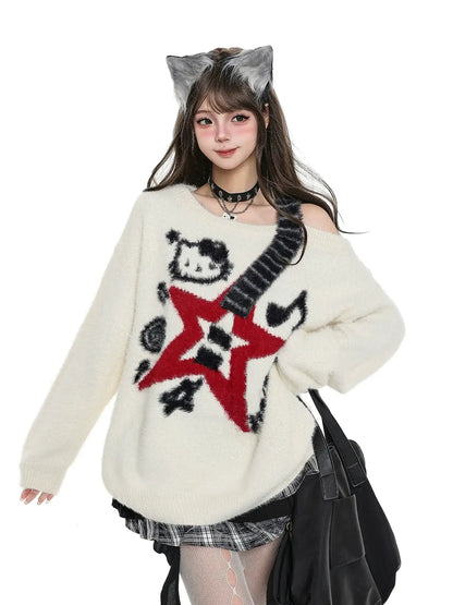 Person wearing a white sweater with a red star design, black cat ears, and a black bag on a white background.