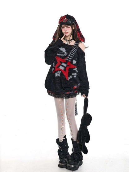 Person wearing a black outfit with red star design, holding a guitar, on a white background