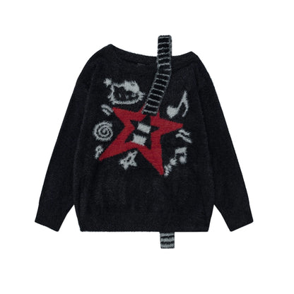 Black sweater with red star and guitar design on a white background