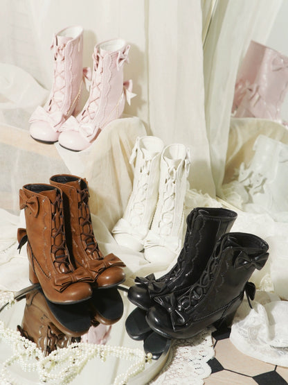 Four pairs of lace-up boots in pink, white, brown, and black on a white background.