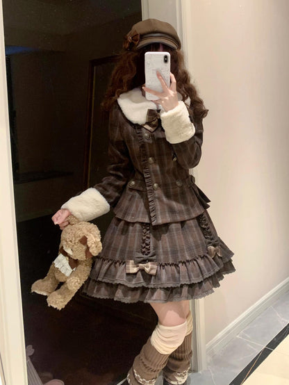 Sweet Dream Chocolate Filled Brown Plaid Jacket Skirt Two Piece Set