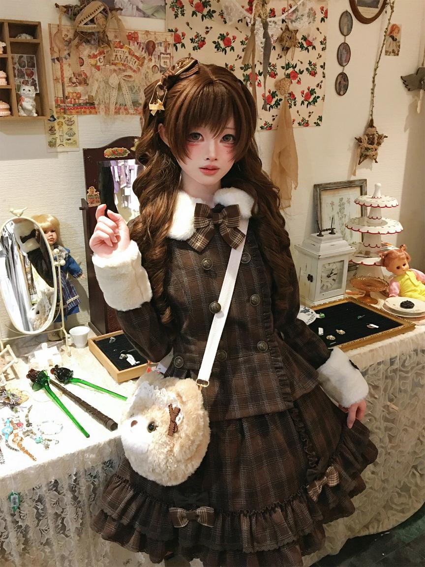 Sweet Dream Chocolate Filled Brown Plaid Jacket Skirt Two Piece Set