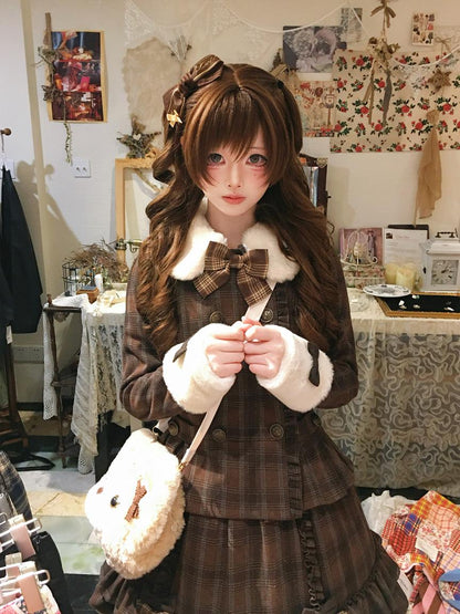 Sweet Dream Chocolate Filled Brown Plaid Jacket Skirt Two Piece Set