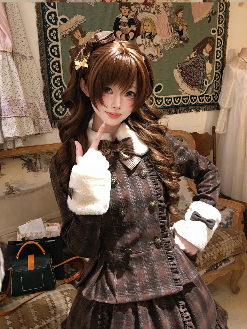 Sweet Dream Chocolate Filled Brown Plaid Jacket Skirt Two Piece Set
