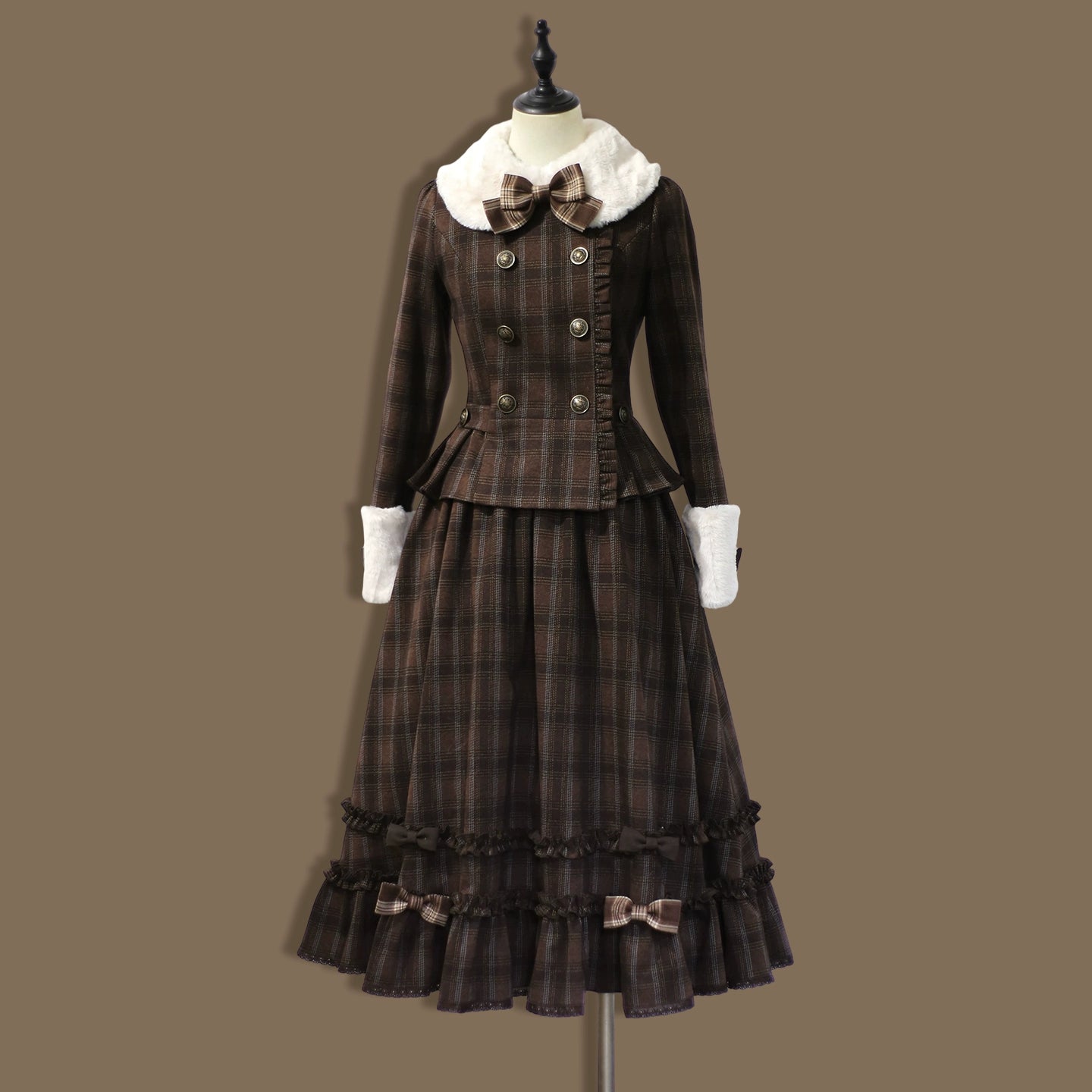 Sweet Dream Chocolate Filled Brown Plaid Jacket Skirt Two Piece Set