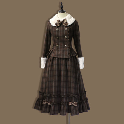Sweet Dream Chocolate Filled Brown Plaid Jacket Skirt Two Piece Set