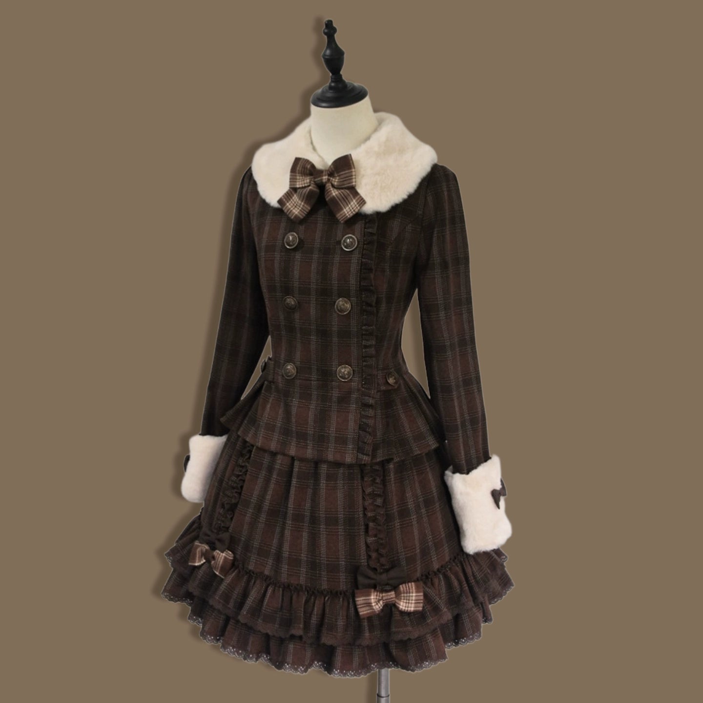 Sweet Dream Chocolate Filled Brown Plaid Jacket Skirt Two Piece Set