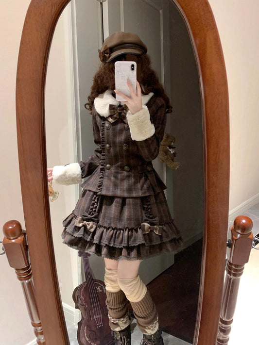 Sweet Dream Chocolate Filled Brown Plaid Jacket Skirt Two Piece Set