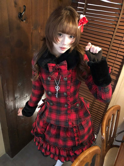 Sweet Dream Christmas Chocolate Red Plaid Jacket Skirt Two Piece Set
