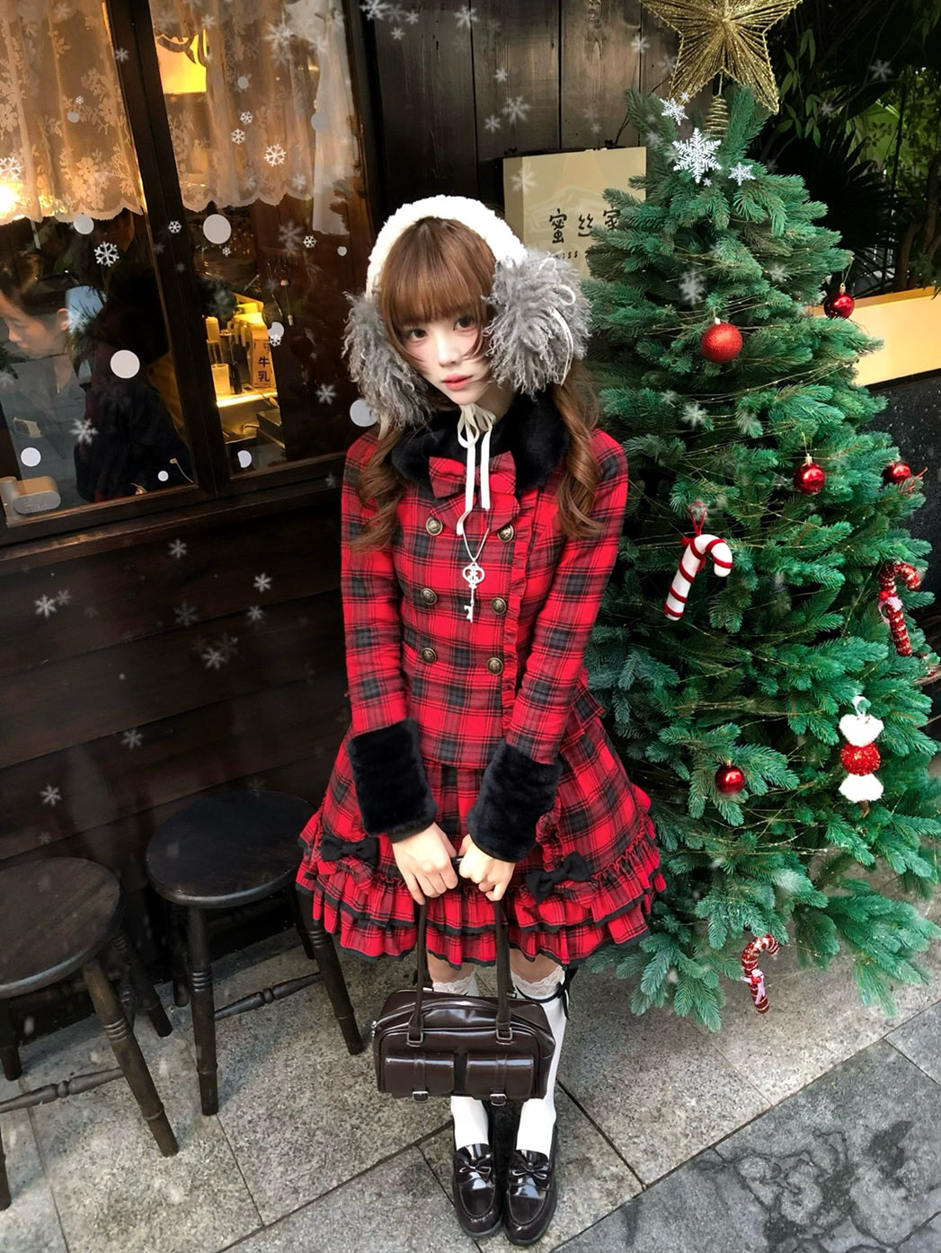 Sweet Dream Christmas Chocolate Red Plaid Jacket Skirt Two Piece Set