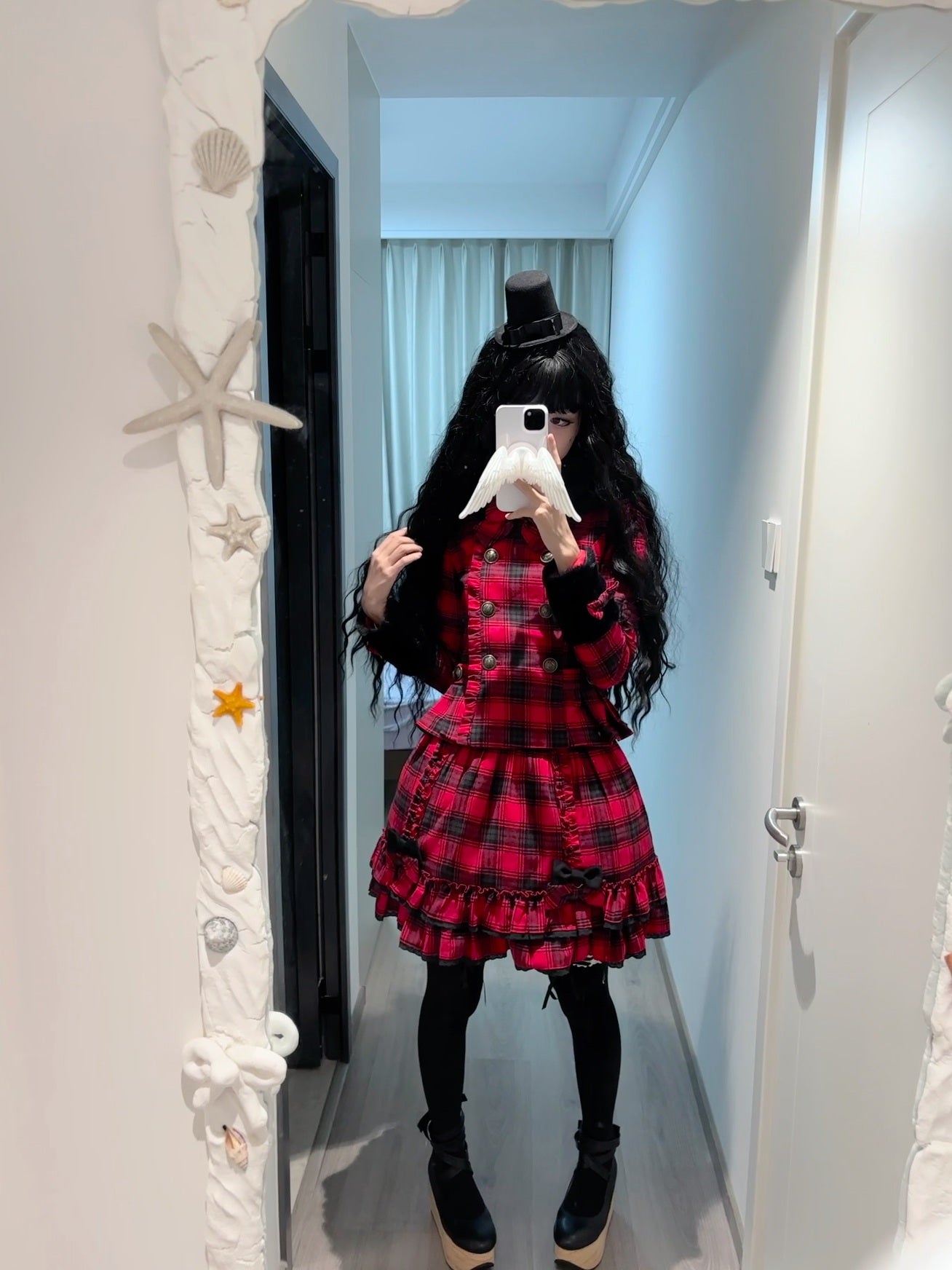 Sweet Dream Christmas Chocolate Red Plaid Jacket Skirt Two Piece Set