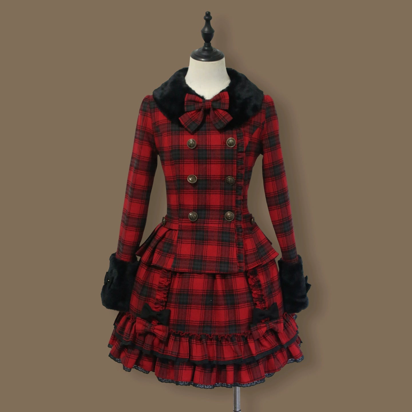 Sweet Dream Christmas Chocolate Red Plaid Jacket Skirt Two Piece Set