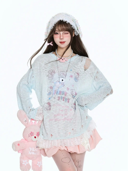 Person wearing a pastel-themed outfit with a teddy bear plush toy on a white background
