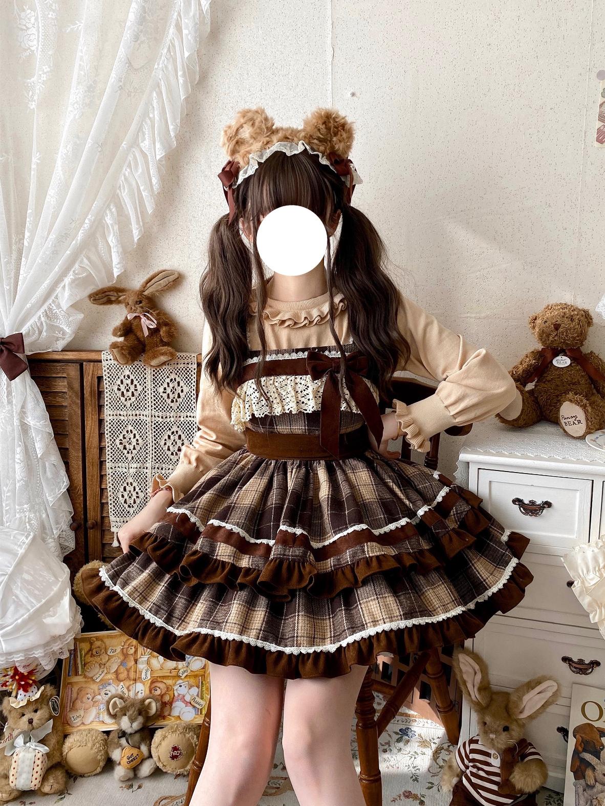 Person wearing a plaid dress with bear ears in a room with teddy bears and decorative items.