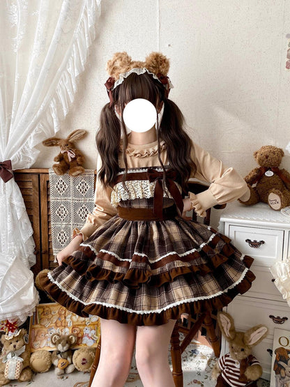 Person wearing a plaid dress with bear ears in a room with teddy bears and decorative items.