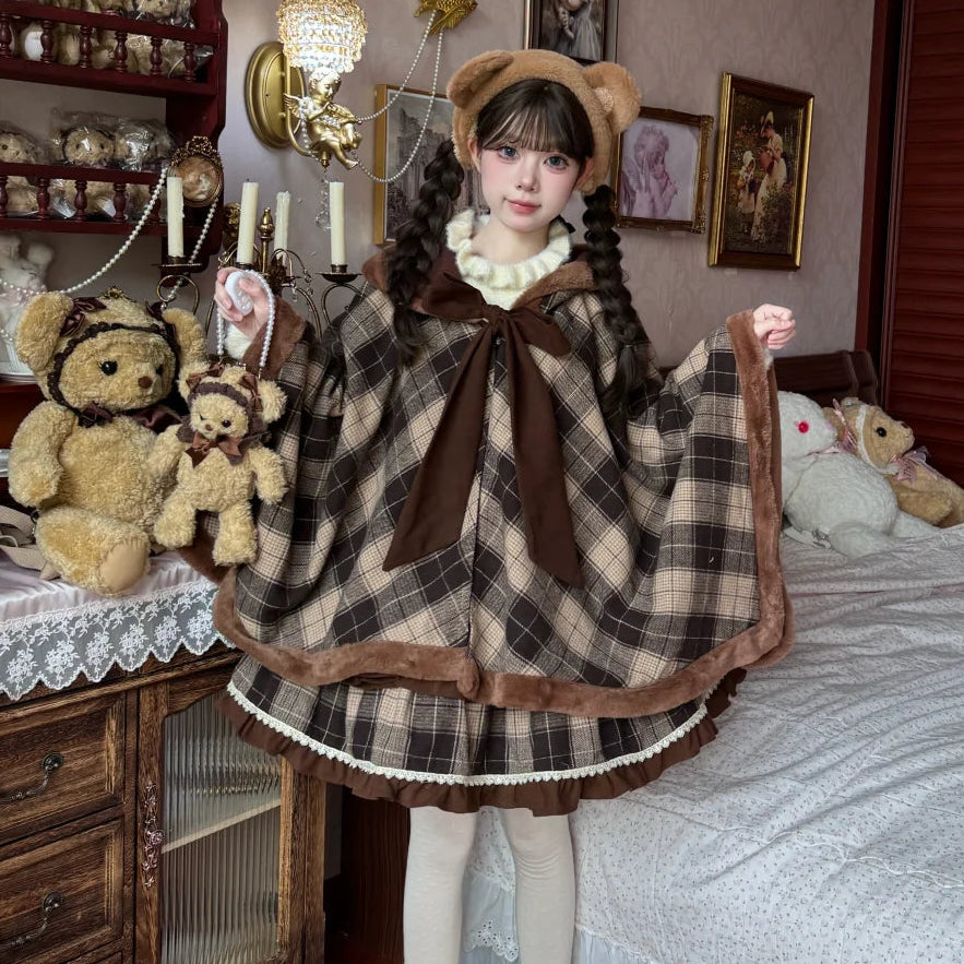 Person wearing a plaid dress with bear ears in a room with teddy bears and decorative items.