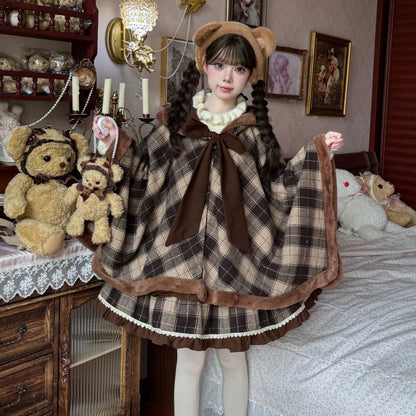 Person wearing a plaid dress with bear ears in a room with teddy bears and decorative items.
