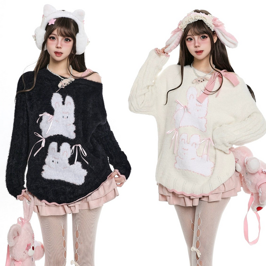 Young Eyes Twins Rabbits Black Pink Cream Fuzzy Sweater