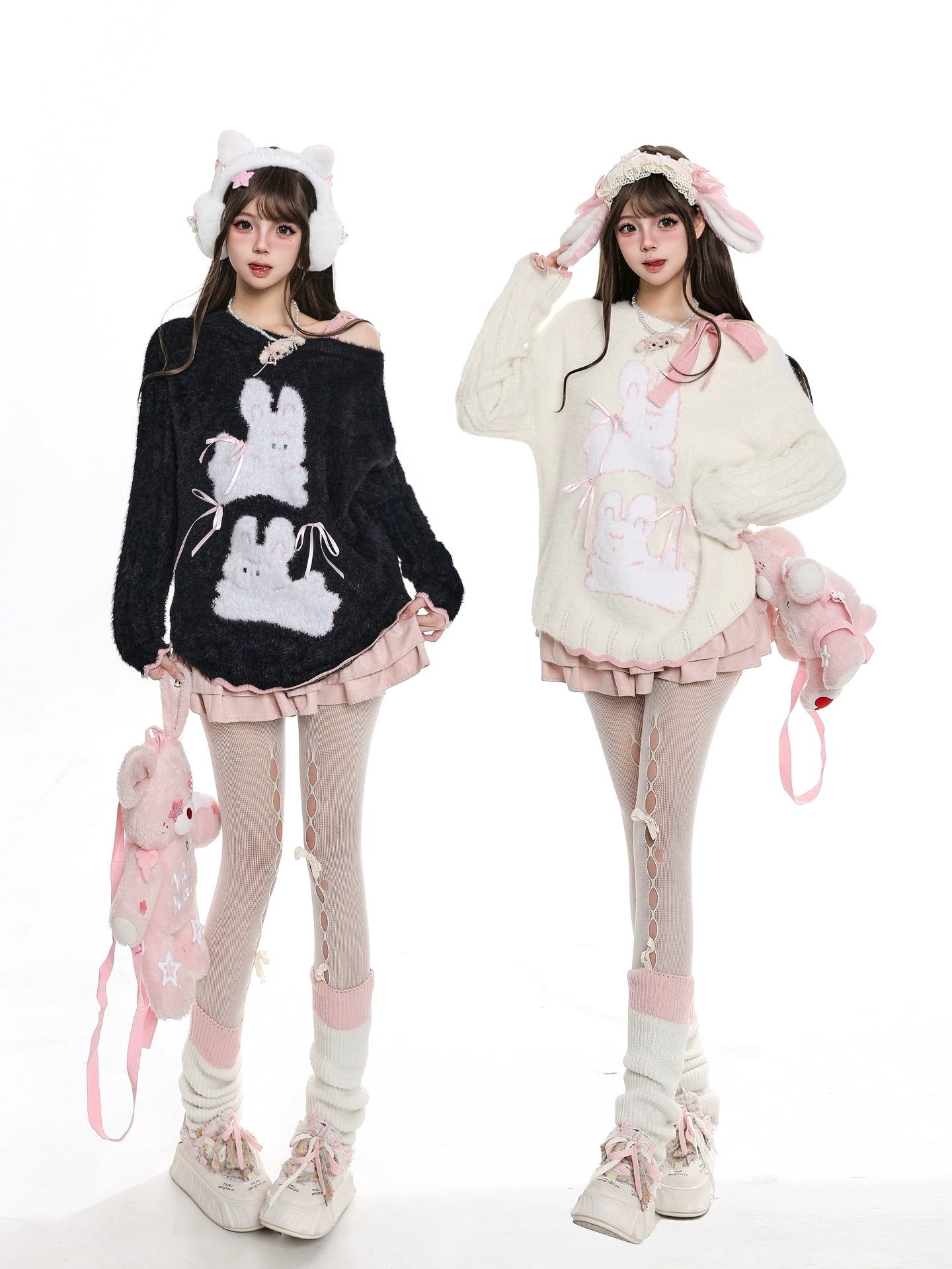 Two people wearing cute outfits with bunny ears and accessories on a white background