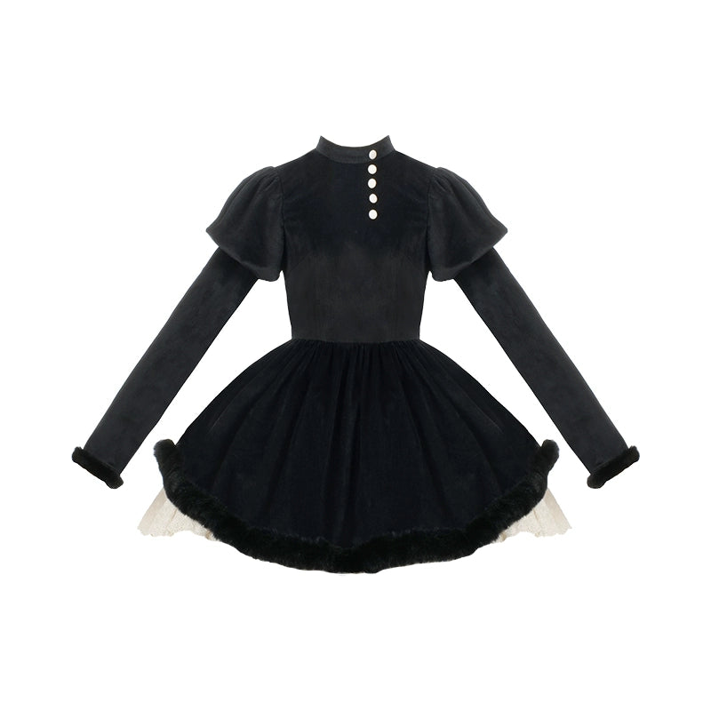 Black lolita dress with ruffled sleeves on a white background
