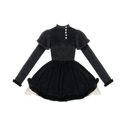 Black lolita dress with ruffled sleeves on a white background