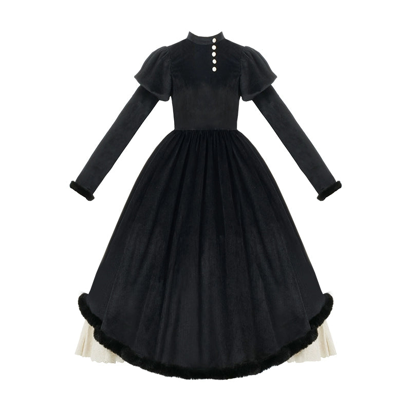 Black lolita vintage-style dress with long sleeves on a white background
