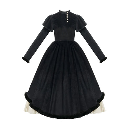 Black lolita vintage-style dress with long sleeves on a white background