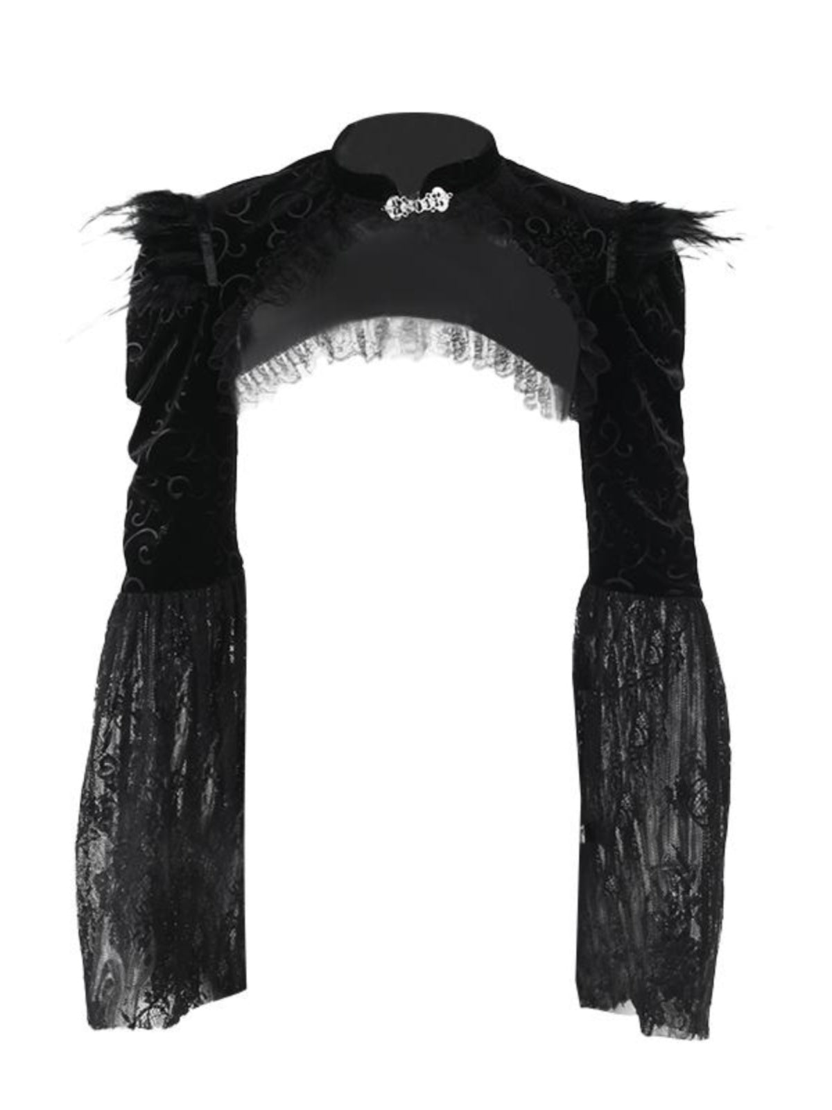 Black lace top with feathered shoulders on a white background