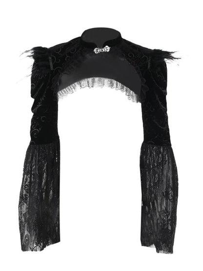 Black lace top with feathered shoulders on a white background