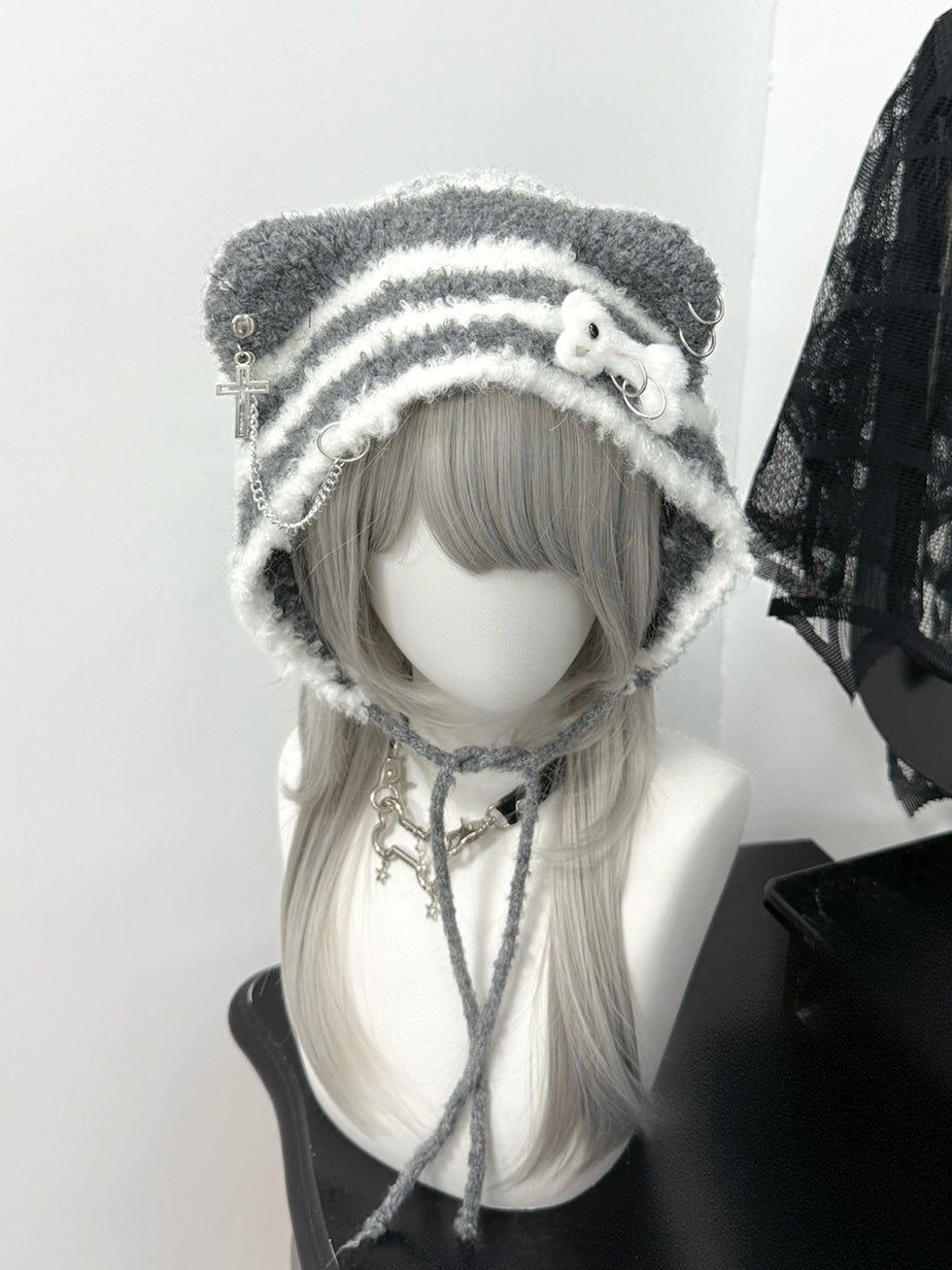 Y2K Scottish Fold Cat Ears Gray Black White Winter Hats