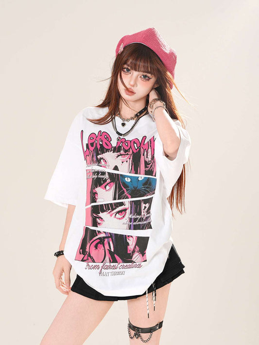 Woman wearing a graphic t-shirt with anime design and a pink cap on a beige background