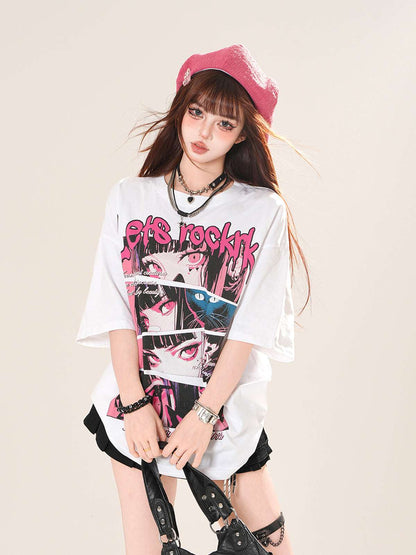 Person wearing a white t-shirt with graphic design and text, standing against a plain background