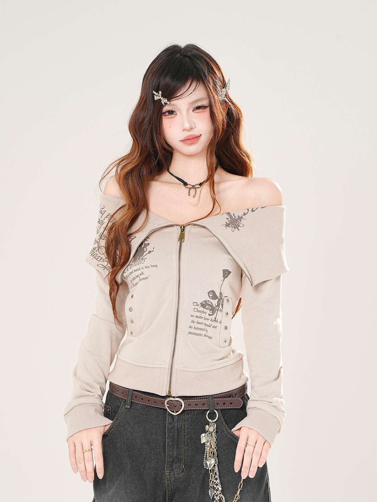 Young Eyes Art Student Beige Navy Blue Off Shoulder Jacket Top