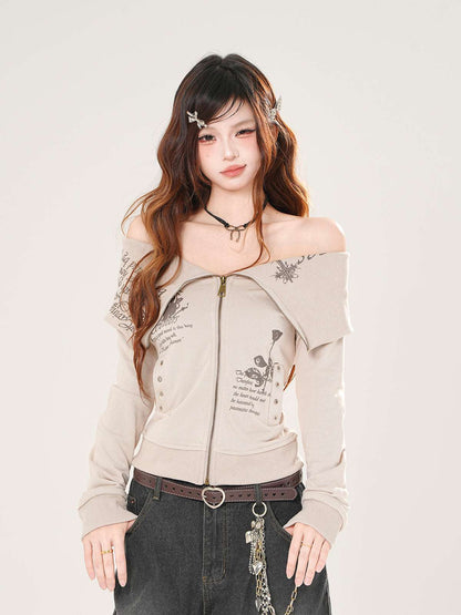 Young Eyes Art Student Beige Navy Blue Off Shoulder Jacket Top