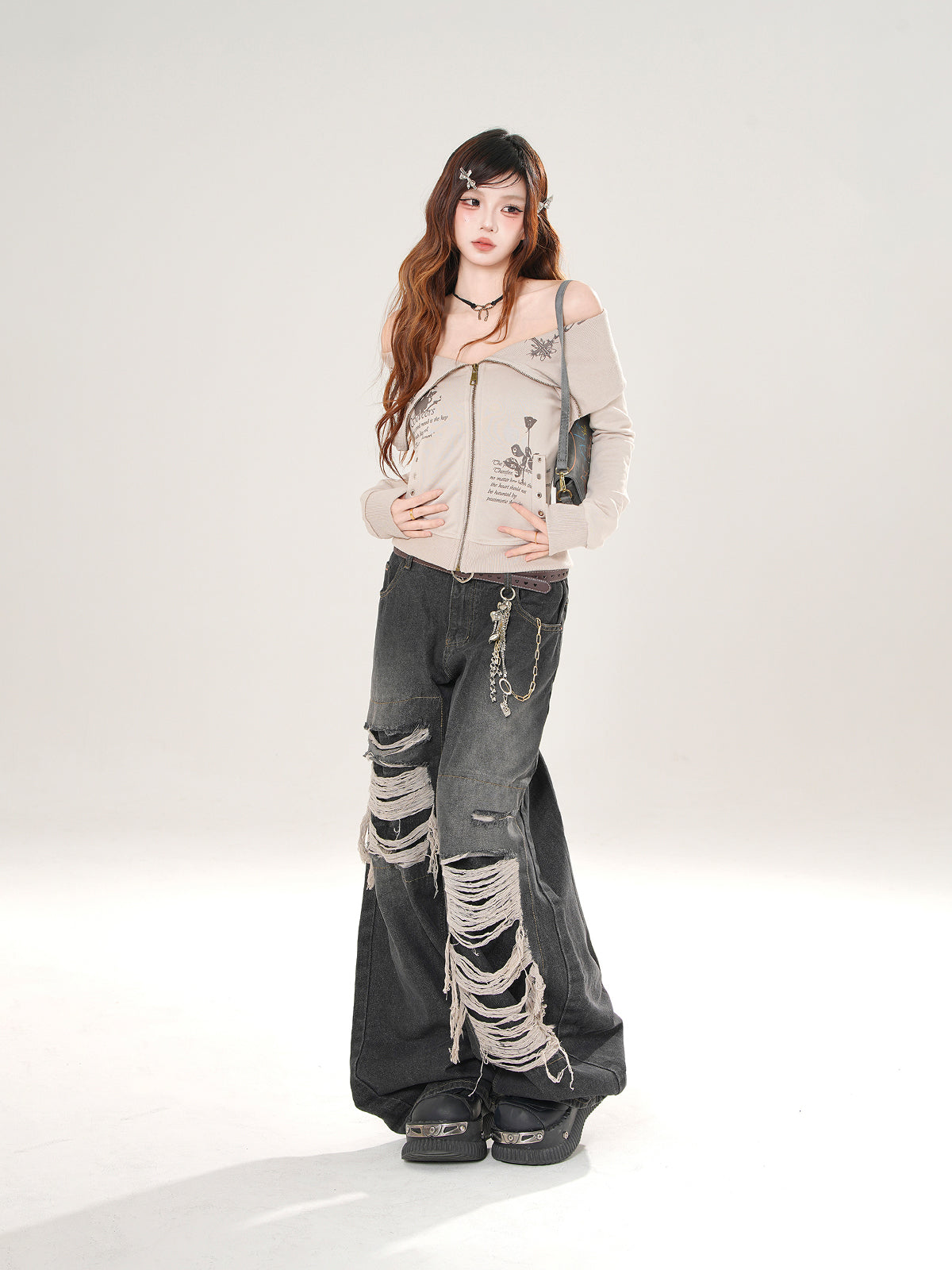 Young Eyes Art Student Beige Navy Blue Off Shoulder Jacket Top - Sugarplum Store