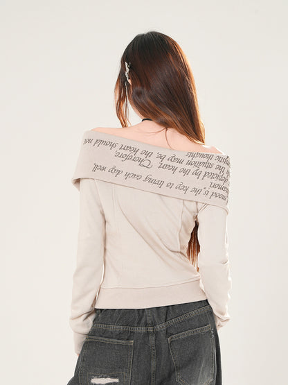 Young Eyes Art Student Beige Navy Blue Off Shoulder Jacket Top - Sugarplum Store