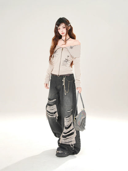 Young Eyes Art Student Beige Navy Blue Off Shoulder Jacket Top - Sugarplum Store