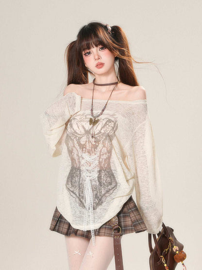 Woman wearing a sheer top and plaid skirt with a neutral background