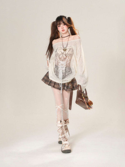 Woman wearing a white off-shoulder top, plaid skirt, and high-heeled boots on a plain background