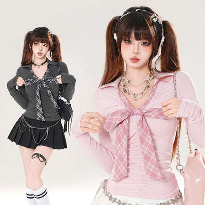 Two women wearing plaid shirts with bows, one in gray and black outfit, the other in pink and white.