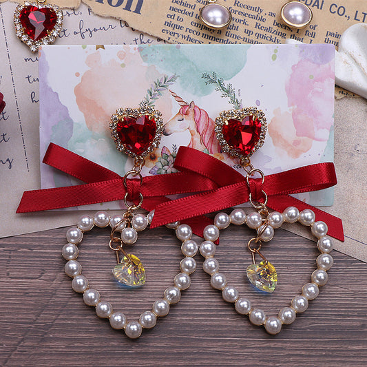 Ruby Gem Pearl Heart Love Jewelry Diamond Classic Burgundy Scarlet Red Bow Fairy Tales Princess Earrings