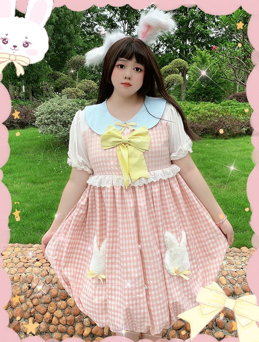 Plus Size Women Girl Plaid Pattern Farm Bow Rabbit Bunny Cottagecore Pastel Dress