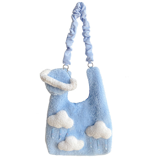Plush Fluffy Cute Cloud Raindrops Blue Women Messenger Shoulder Bag & Planet Wallet