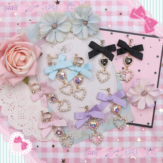 Gem Pearl Heart Love Jewelry Diamond Classic Pink Blue Black Purple Bow Fairy Tales Princess Earrings