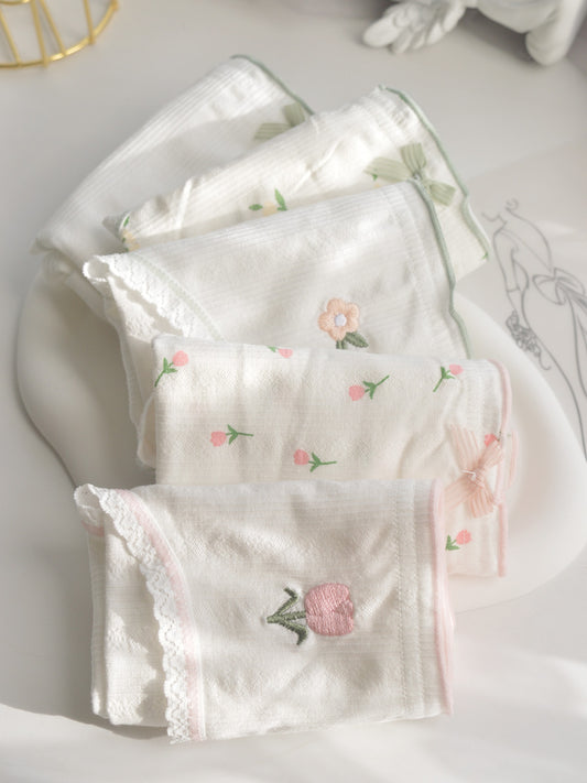 Tulip Flowers White Pink Green Lining Sweet Soft Girl Cotton 5 Panties Underwear Set